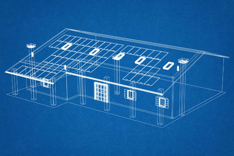 Architectural drawing of a house with solar panels