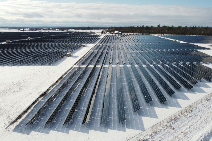 Aerial view of solar farm in winter