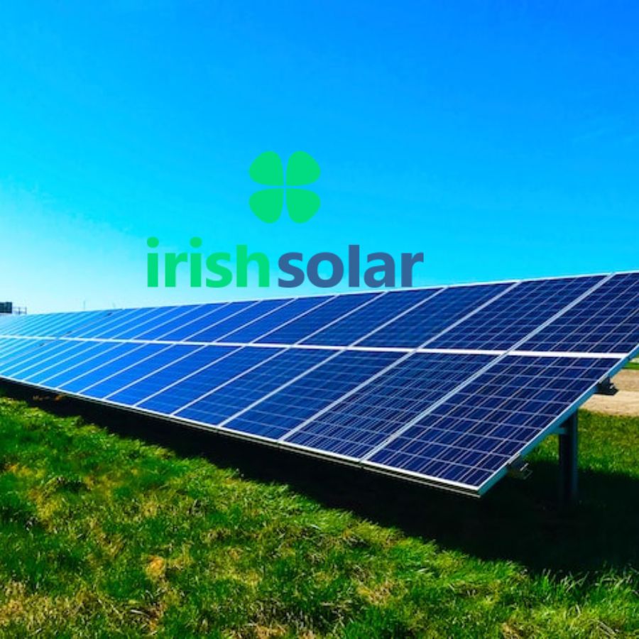 solar panels on a green field with Irish.Solar logo