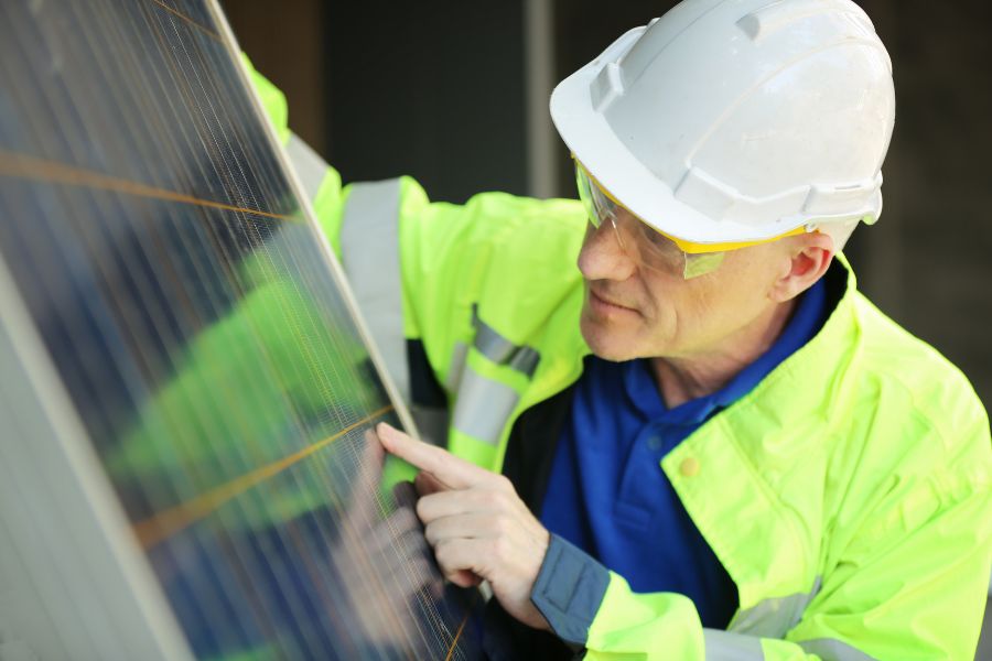 Engineer inspecting solar panels