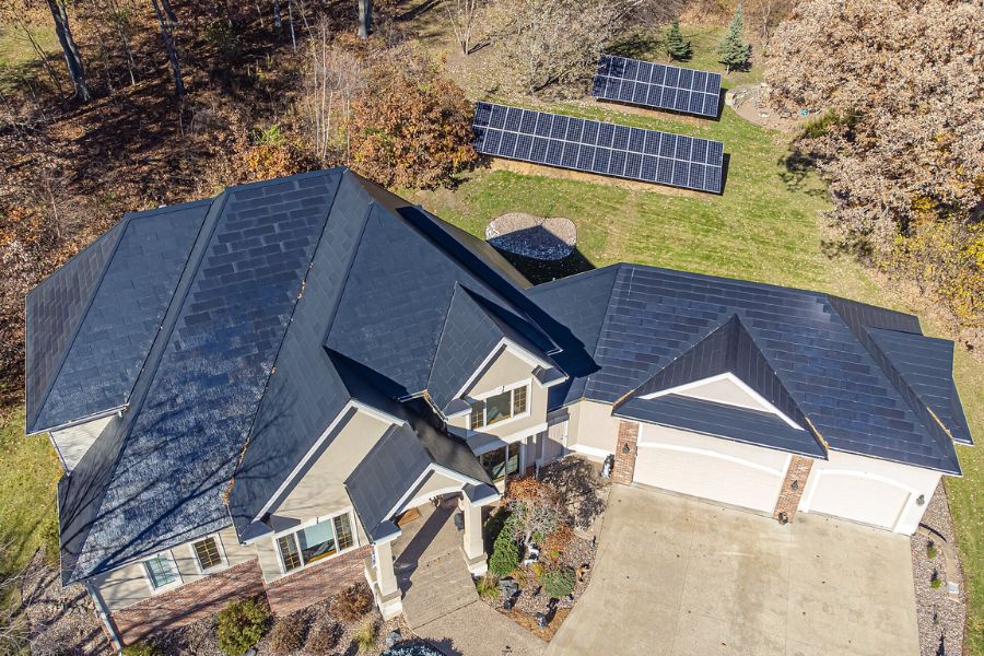 Ariel view of house with Tesla solar roof