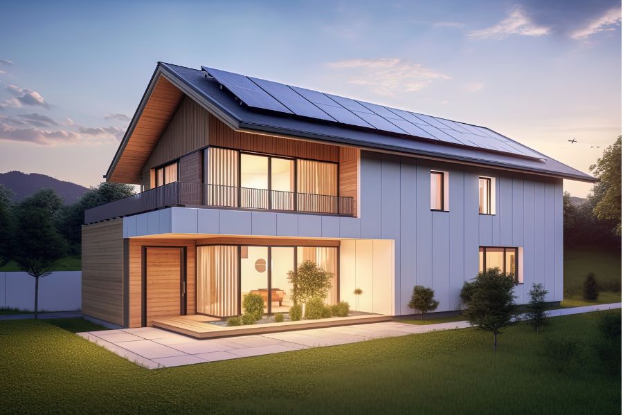 Modern house with solar panels on roof