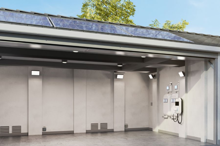 Modern house with solar panels and EV charging station